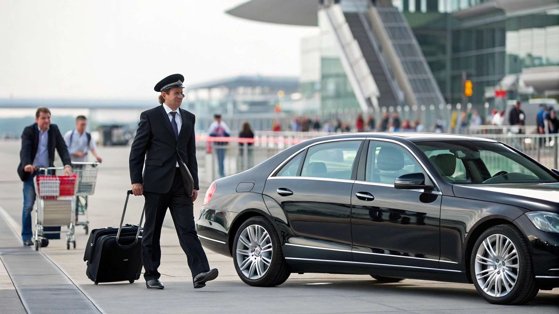 Professional chauffeur assisting a passenger with luggage at the airport terminal