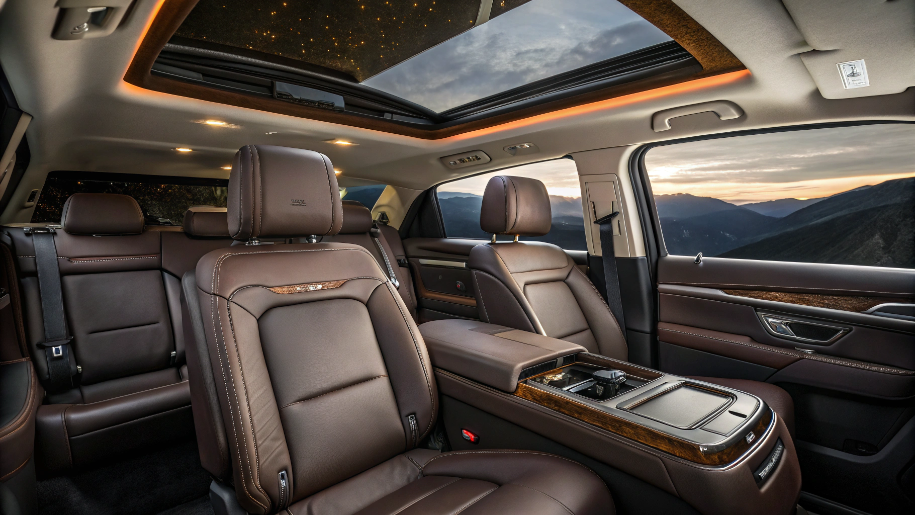 Interior of a luxury executive vehicle set up as a mobile office with Wi-Fi and charging ports