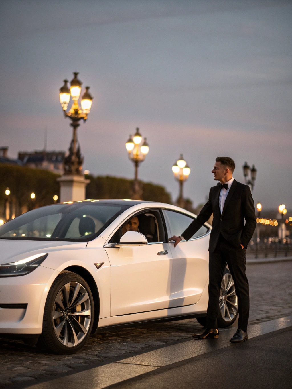A chauffeur in a crisp suit standing by a luxury vehicle in black and white